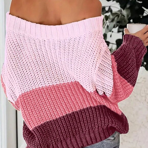 Multicolor Oversized Sexy Women's Off The Shoulder Sweater - Picture 4 of 7